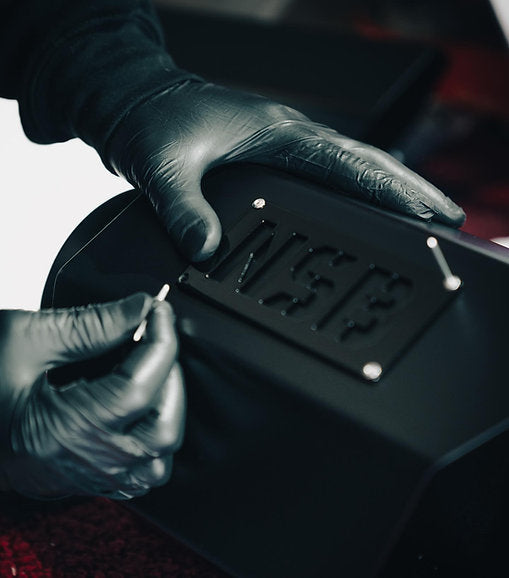 NSB 7 inch Hexagon Exhaust Tip emblem close up