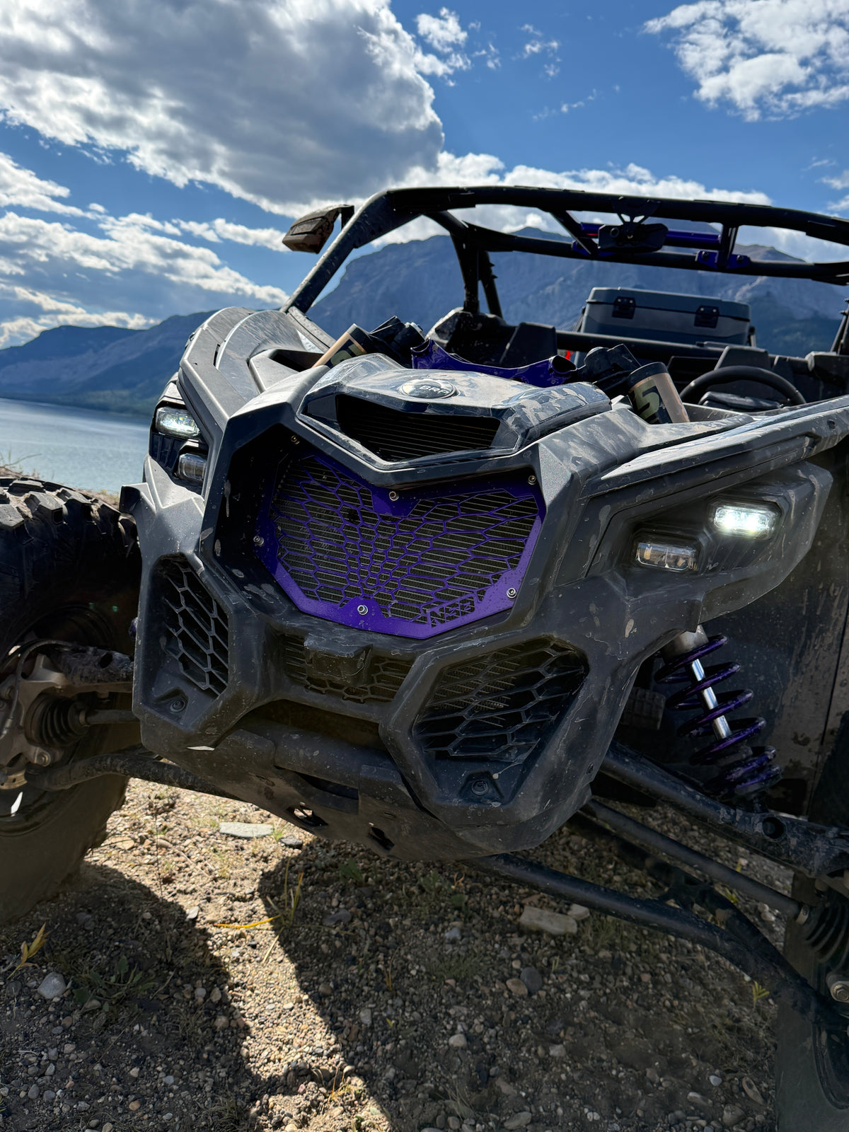 2017-2027 Can-Am Maverick X3 Laser Cut Grille OEM-style gradient hexagon design powder coated purple installed