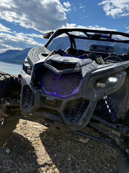 2017-2027 Can-Am Maverick X3 Laser Cut Grille OEM-style gradient hexagon design powder coated purple installed
