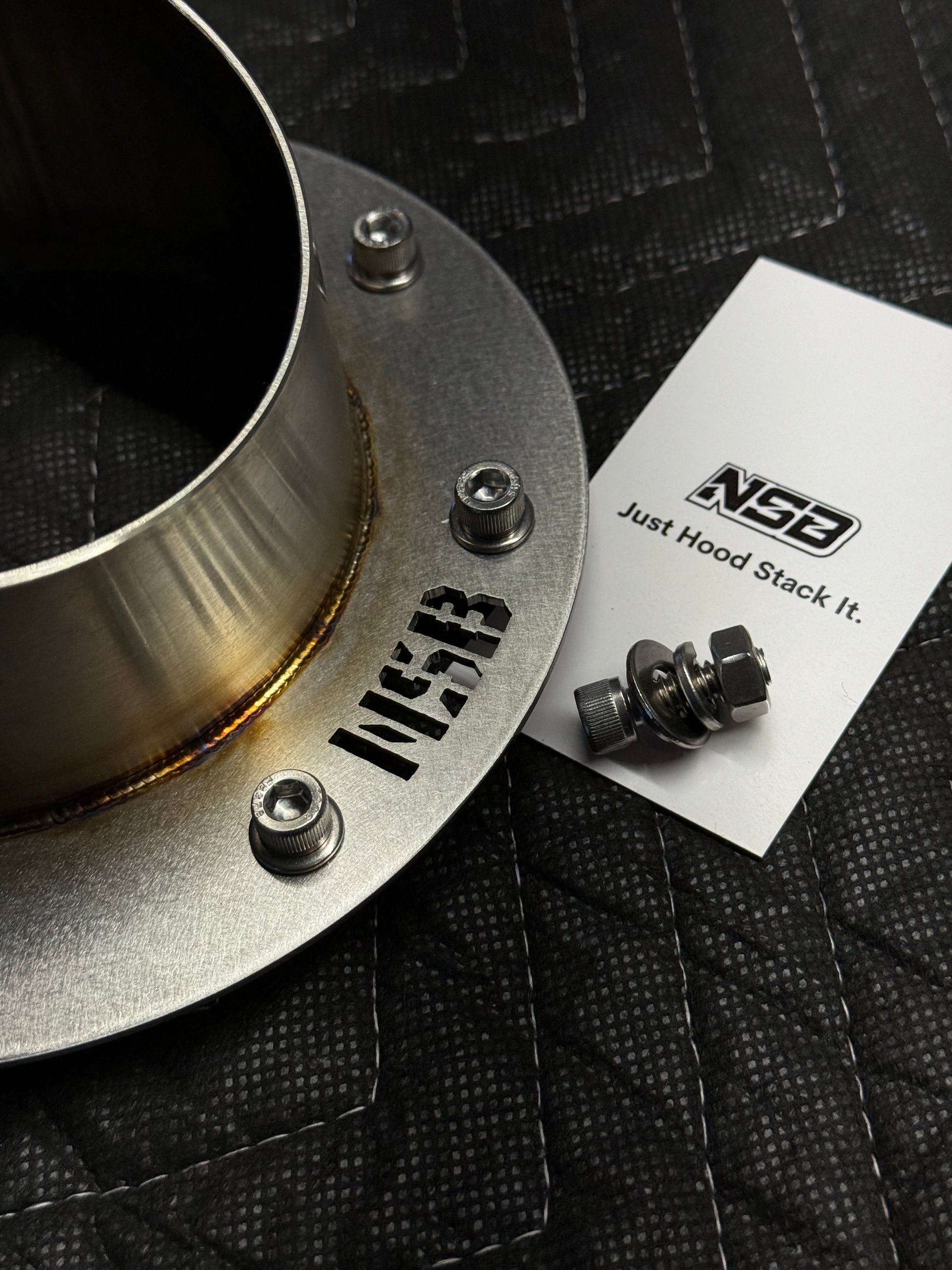4 inch MICRO Hood Stack with hardware stainless steel zoomed in view 