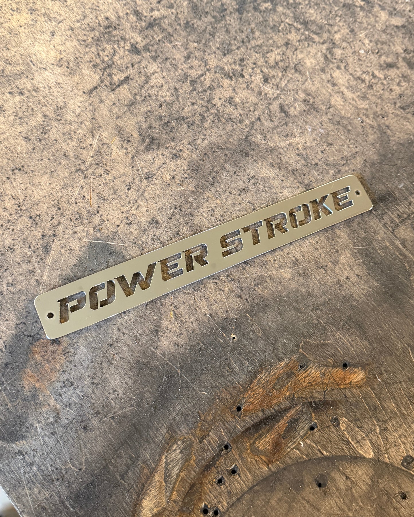 6.0 Power Stroke Fan Shroud Emblem for engine bay dress up Custom raw stainless steel close up 