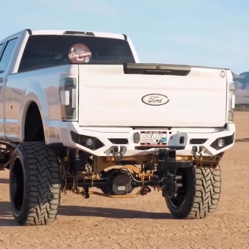 7" octagon hexagon OVERLAY Exhaust Tip installed on a lifted ford sema truck rear view 