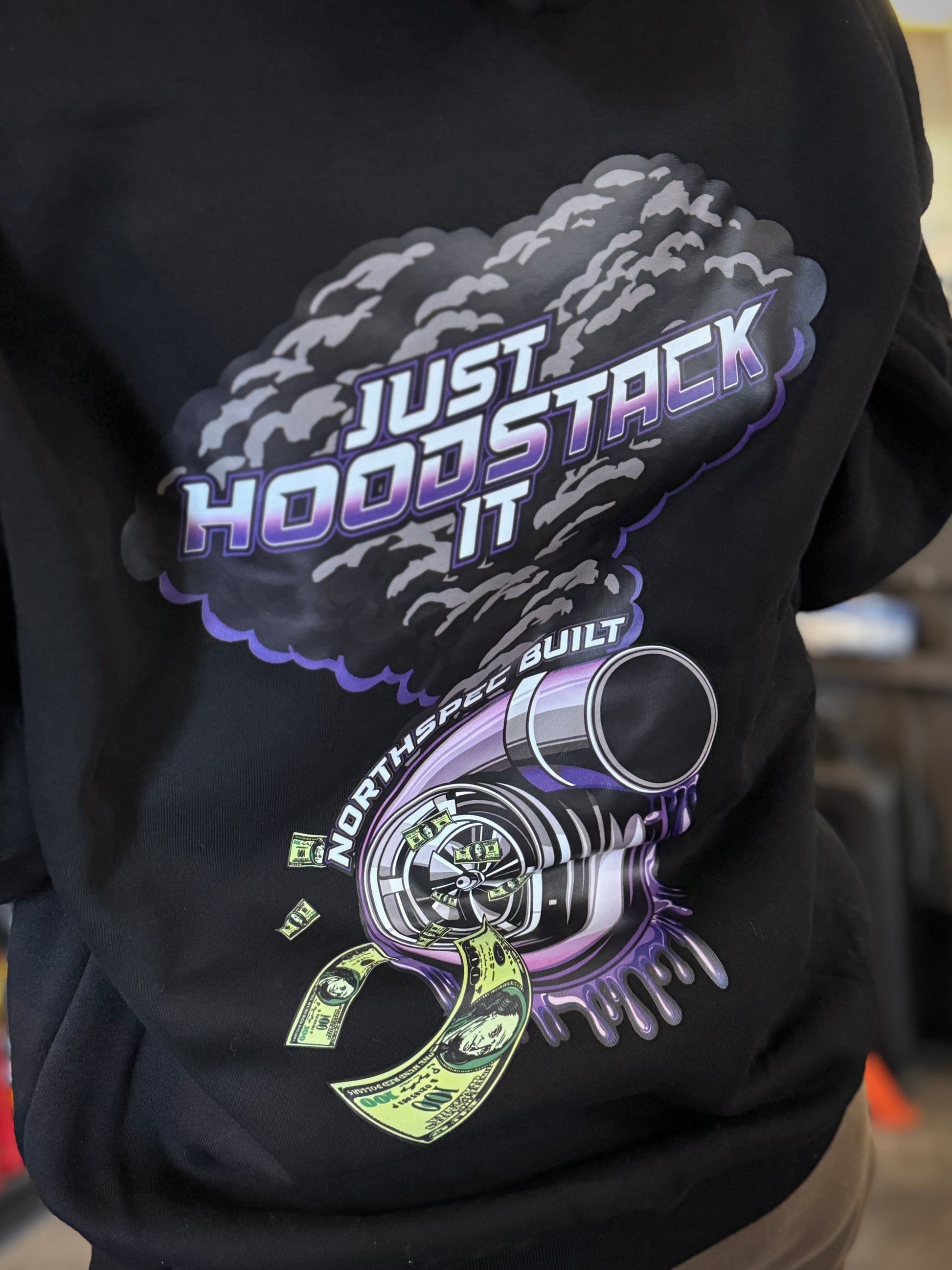 Just Hood Stack It Turbo NSB hoodie close up on back side graphics 