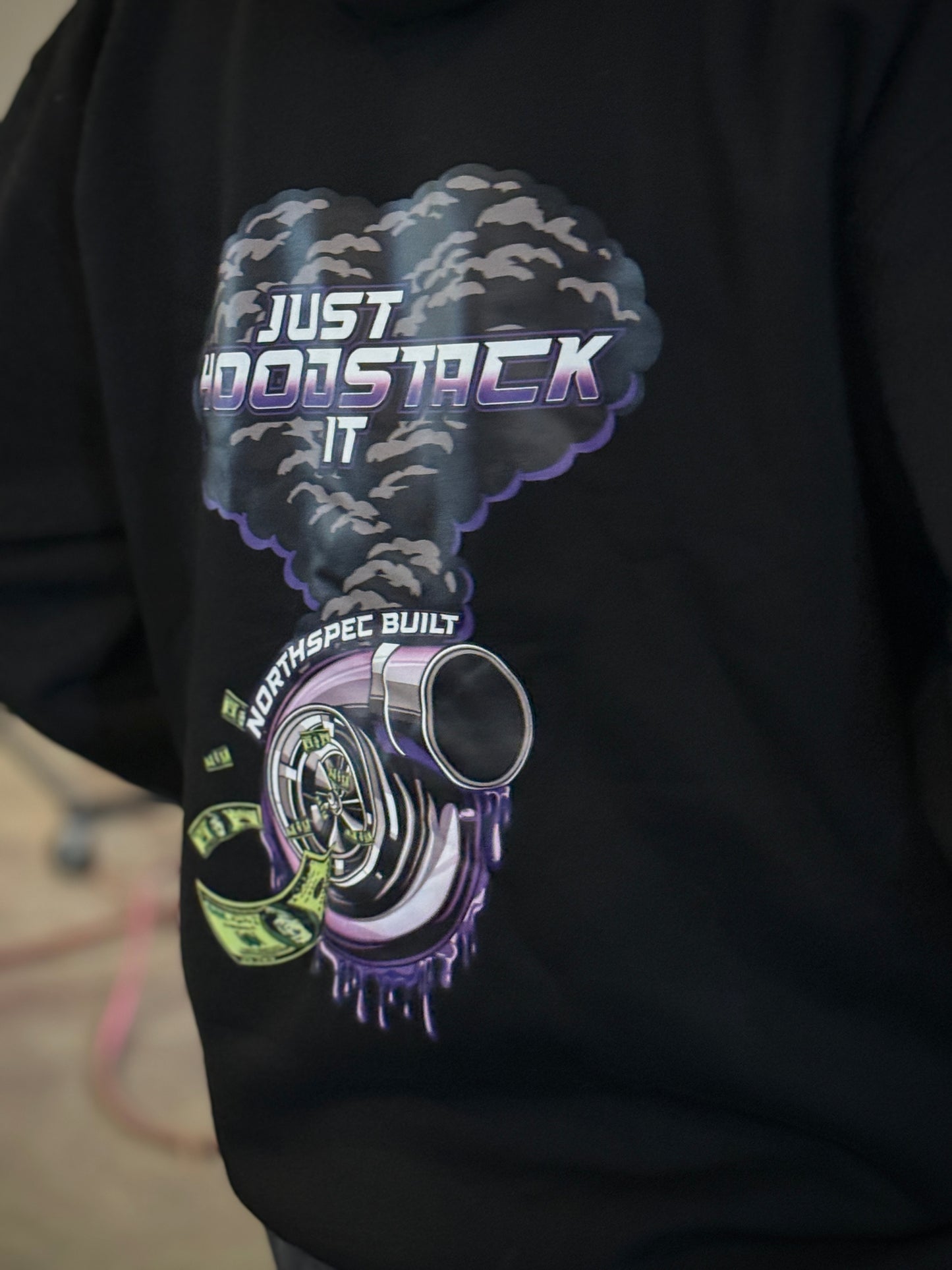 Just Hood Stack It Turbo Northspec built hoodie close up on back side graphics 