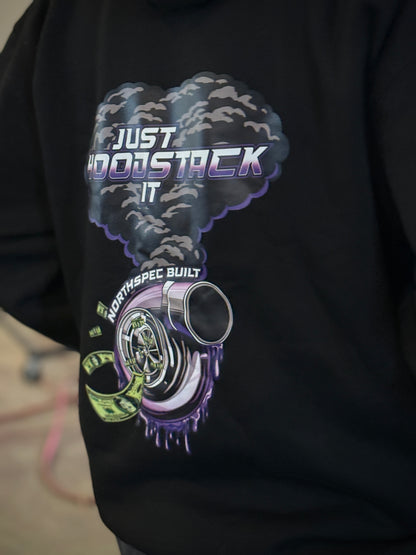 Just Hood Stack It Turbo Northspec built hoodie close up on back side graphics 