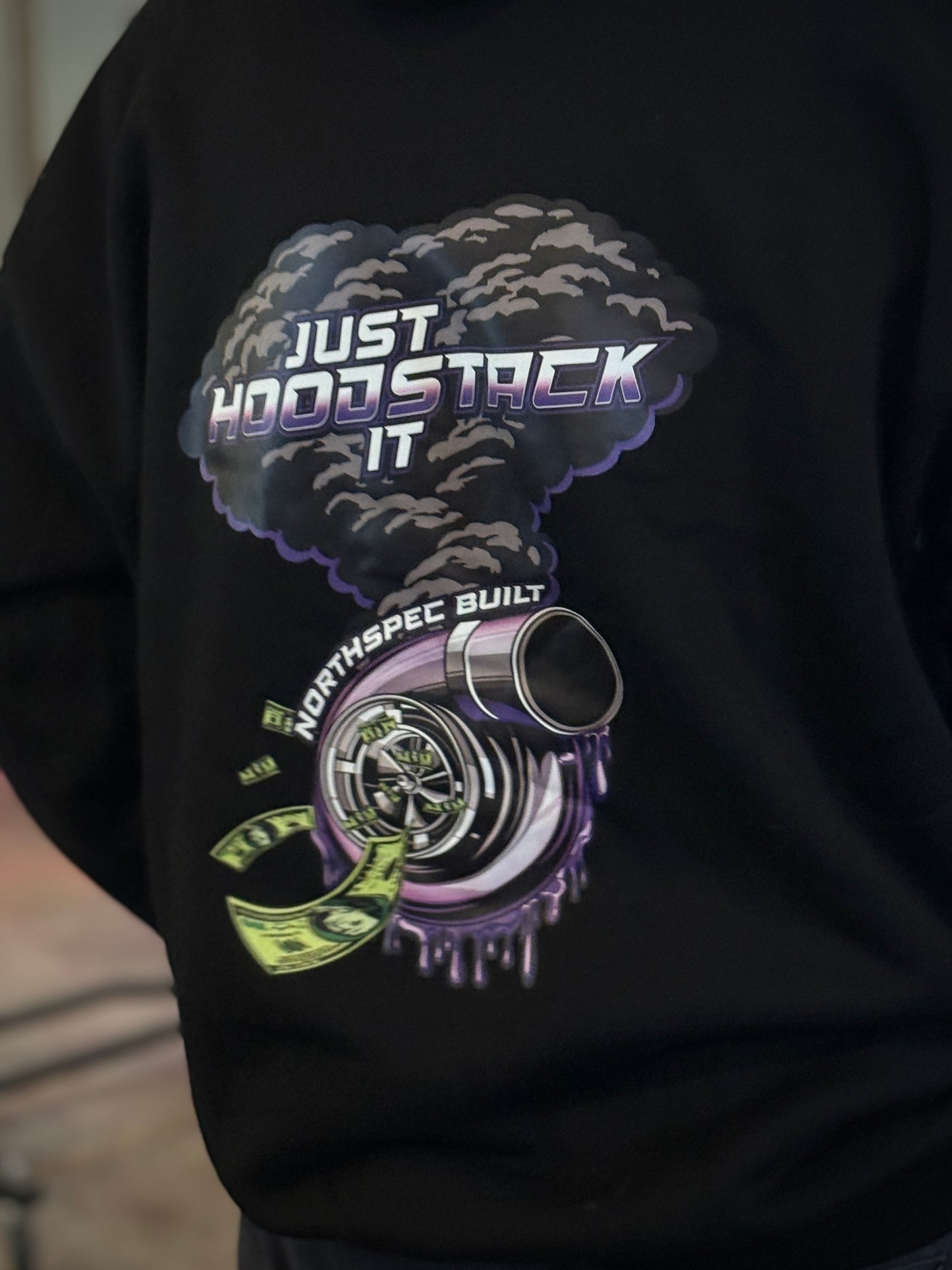 Just Hood Stack It Turbo NSB hoodie close up on the back  unisex fitment 