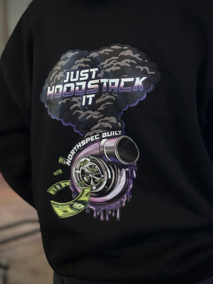 Just Hood Stack It Turbo NSB hoodie close up on the back  unisex fitment 