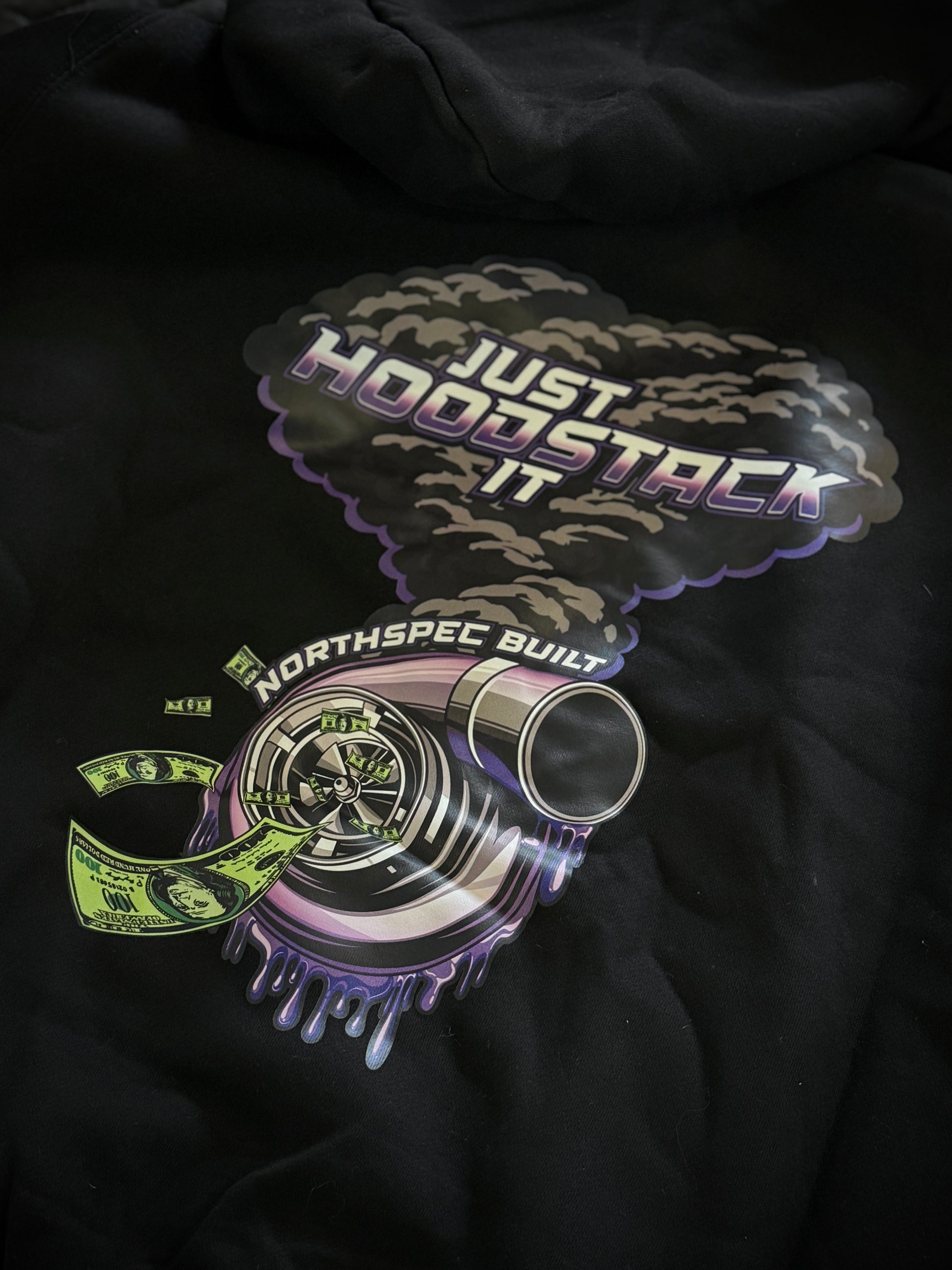 Just Hood Stack It Turbo NSB hoodie close up on the back graphics unisex fitment diesel lovers merch 