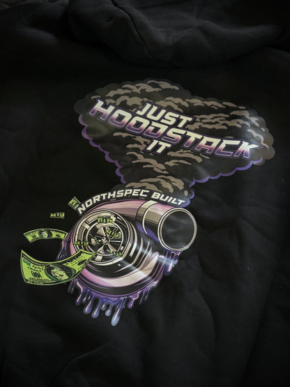 Just Hood Stack It Turbo NSB hoodie close up on the back graphics unisex fitment diesel lovers merch 