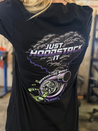 Just Hood Stack It Turbo Northspec T-shirt close up on the back  unisex fitment for diesel enthusiasts 