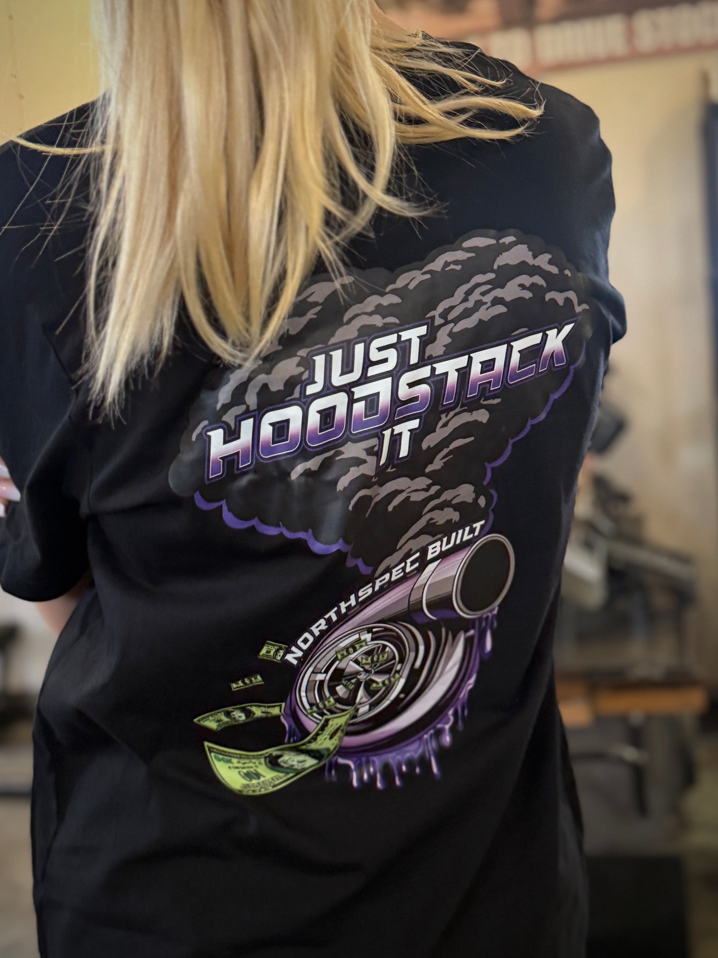 Just Hood Stack It Turbo T-shirt close up on the back on a girl  