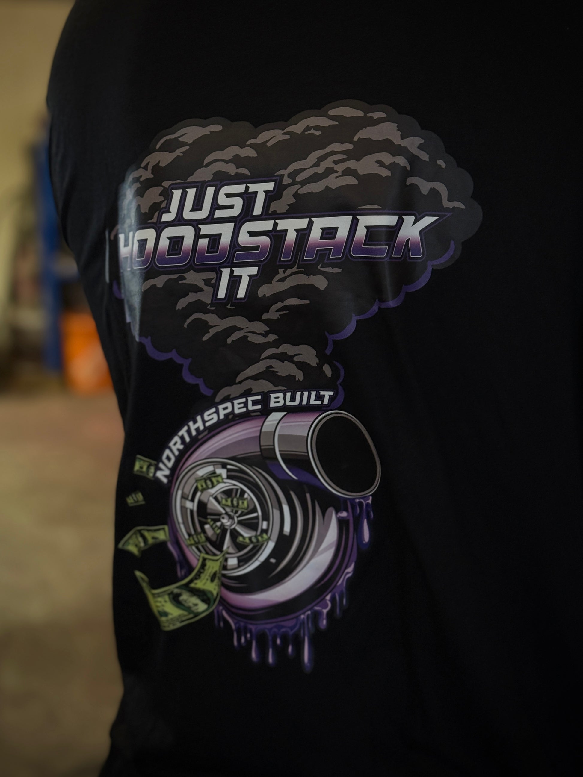 Just Hood Stack It Turbo T-shirt close up on the back on a person   