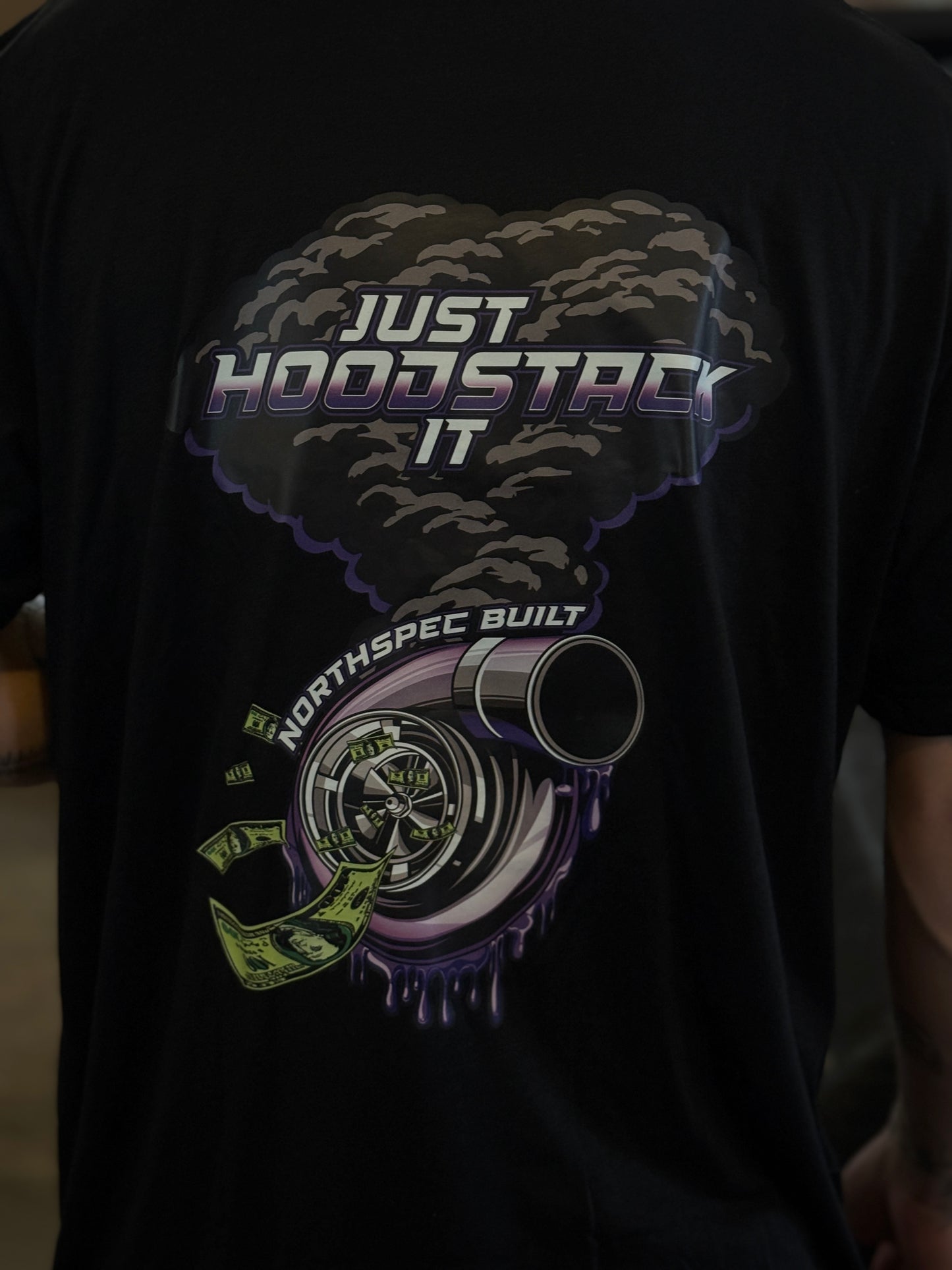 Just Hood Stack It NSB Turbo T-shirt close up on the back  unisex fitment for diesel truck guys