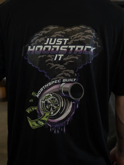 Just Hood Stack It NSB Turbo T-shirt close up on the back  unisex fitment for diesel truck guys