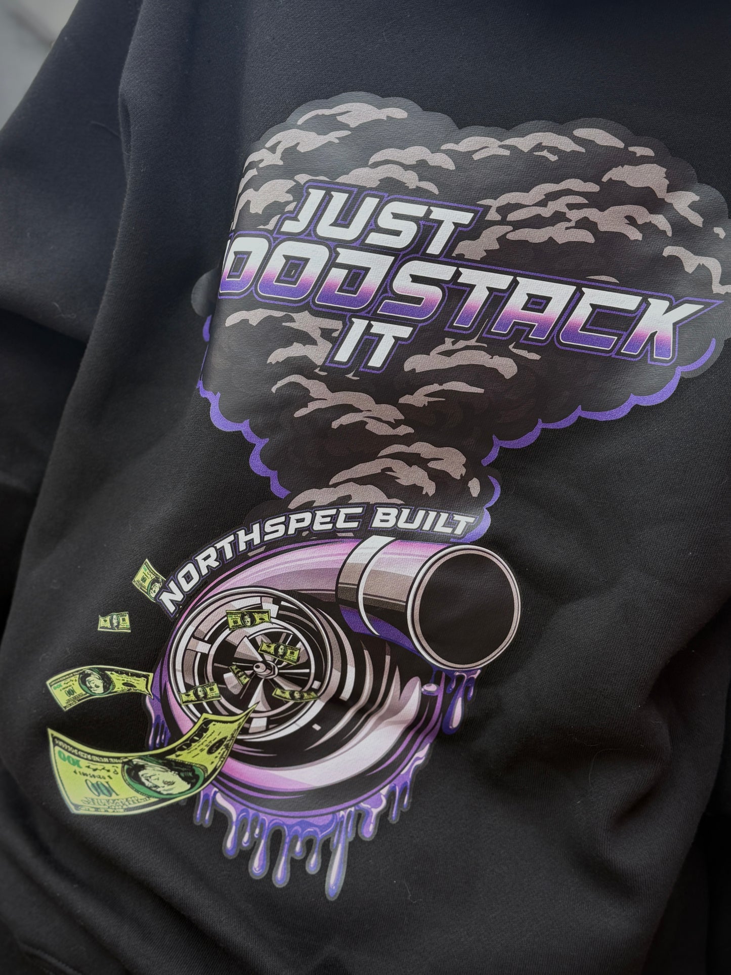 Just Hood Stack It Turbo Northspec hoodie close up on the back  unisex fitment for diesel enthusiasts 