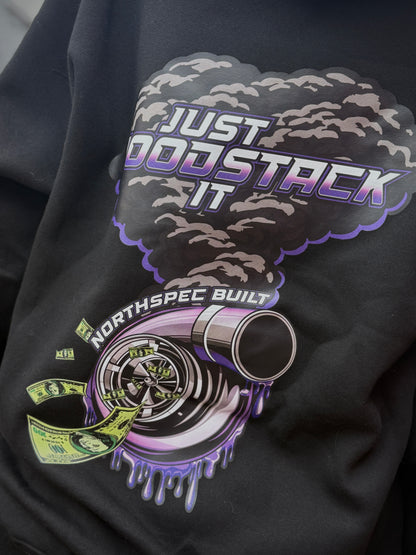 Just Hood Stack It Turbo Northspec hoodie close up on the back  unisex fitment for diesel enthusiasts 