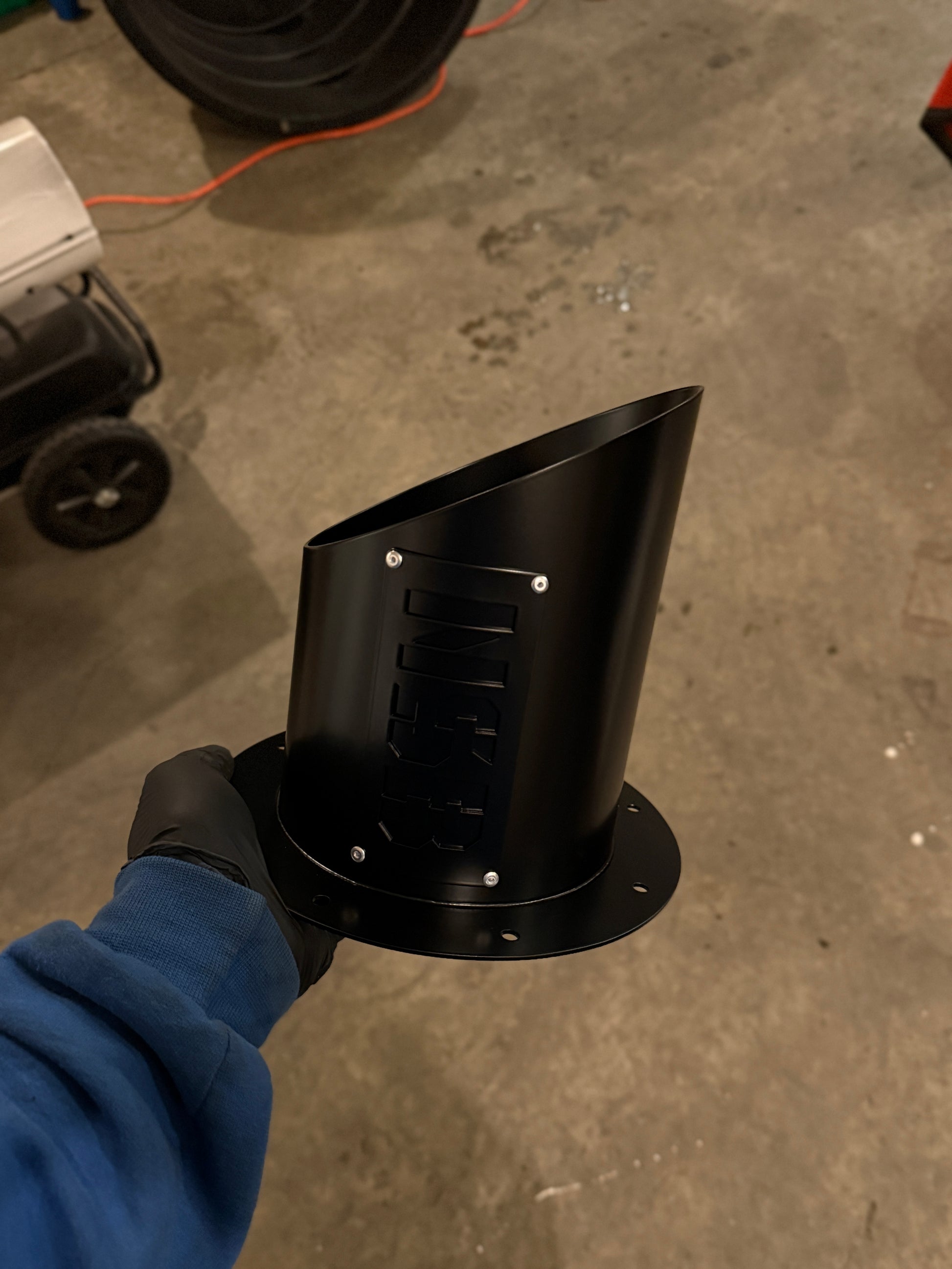 Tall miter cut hood stack to keep soot away from your cab 
