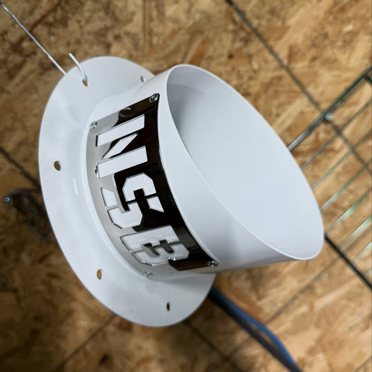 NSB diesel hood stack tip gloss white with polished emblem close up view