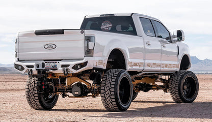 7 inch OVERLAY Exhaust Tip mounted on a lifted Ford Sema truck rear view of the build 
