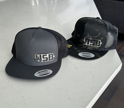NSB Snapback Hat camo and grey combo with polished emblem