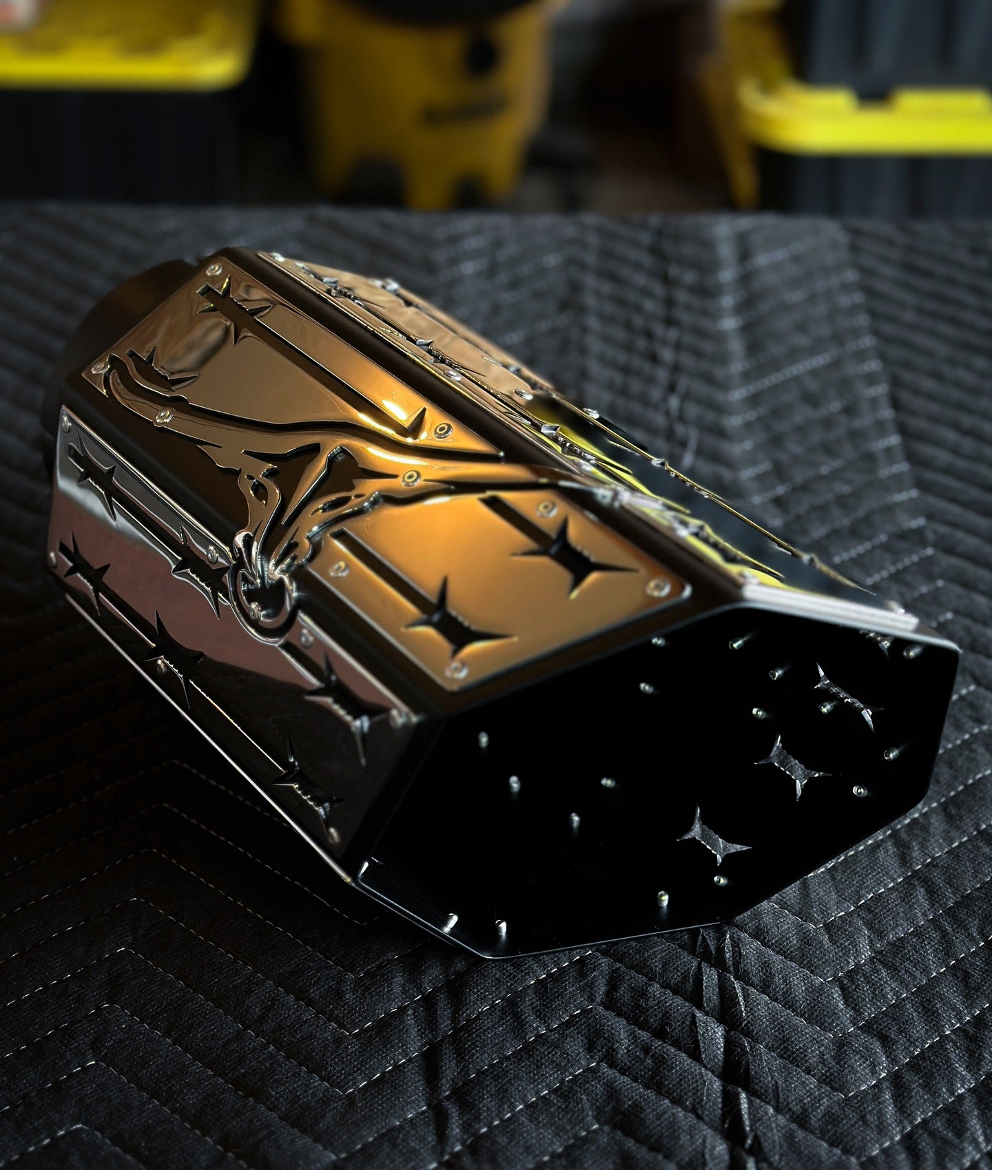 custom longhorn barbed wire overlay exhaust tip polished close up detailed view