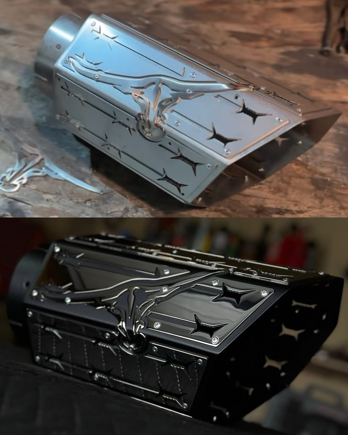 longhorn barbed wire overlay exhaust tip raw steel vs polished overlay finish 