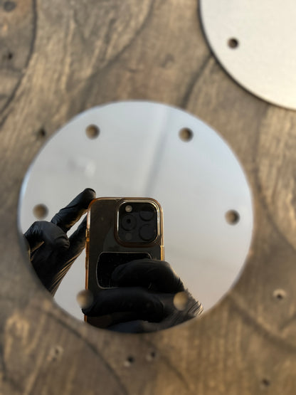 hood stack cover plate close up with hardware polished stainless steel