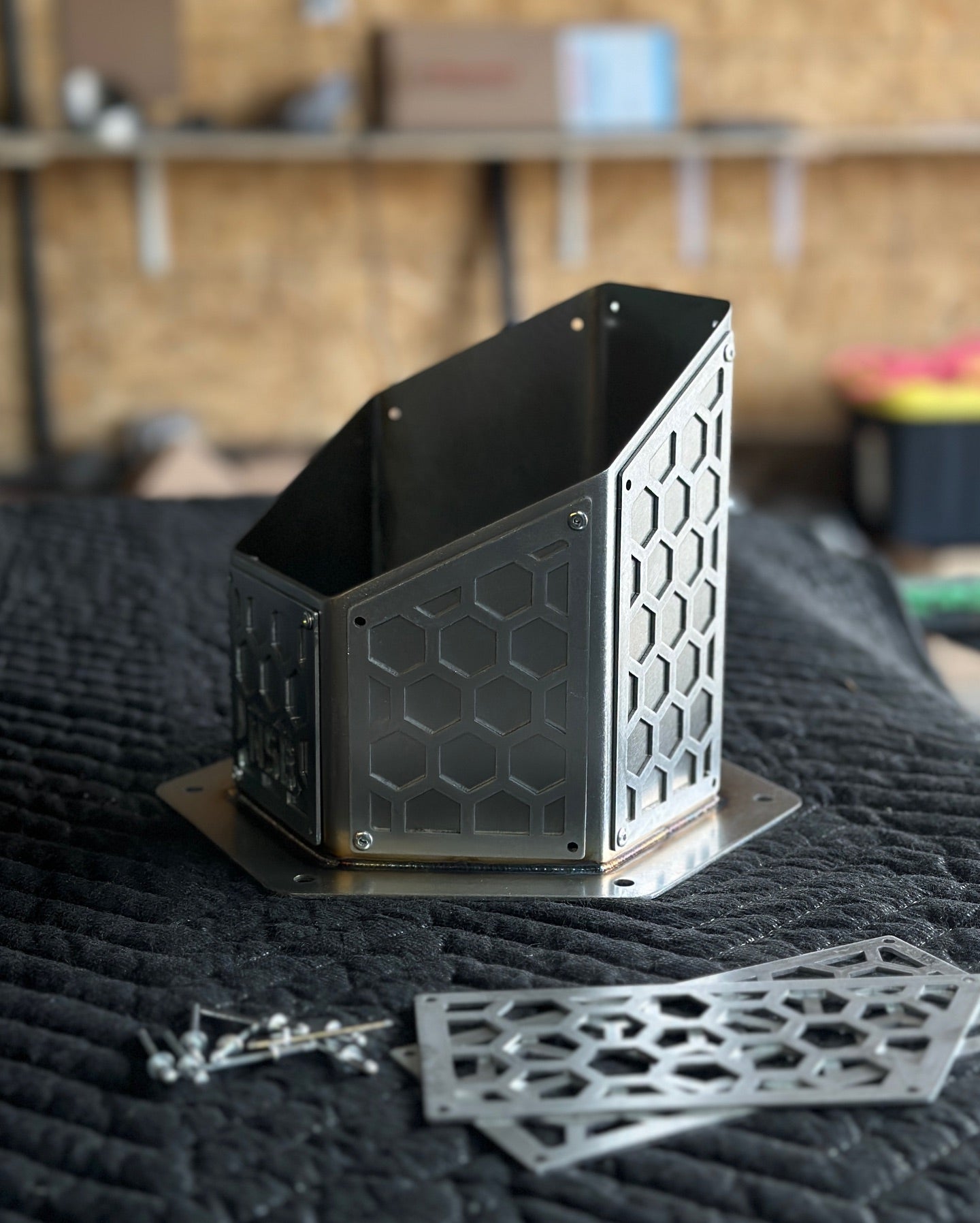 overlay honeycomb hood stack in raw stainless steel side view