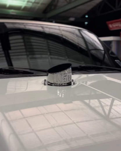 polished chrome aluminum finish hood stack tip installed close up view