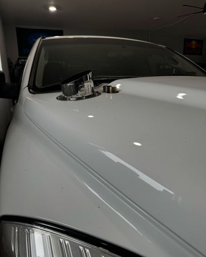 6 inch polished hood stack tip mounted on the hood 