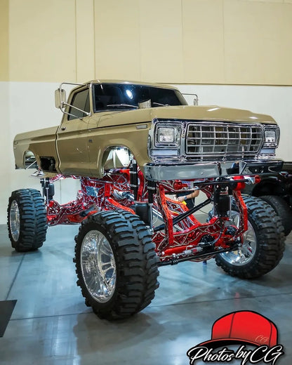 austin farmer's custom sema build running a brushed NSB Minimalist hood stack